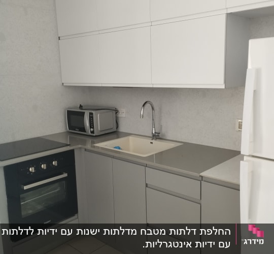 מטבח מודרני עם ארונות לבנים ואפורים, כיור ותנור